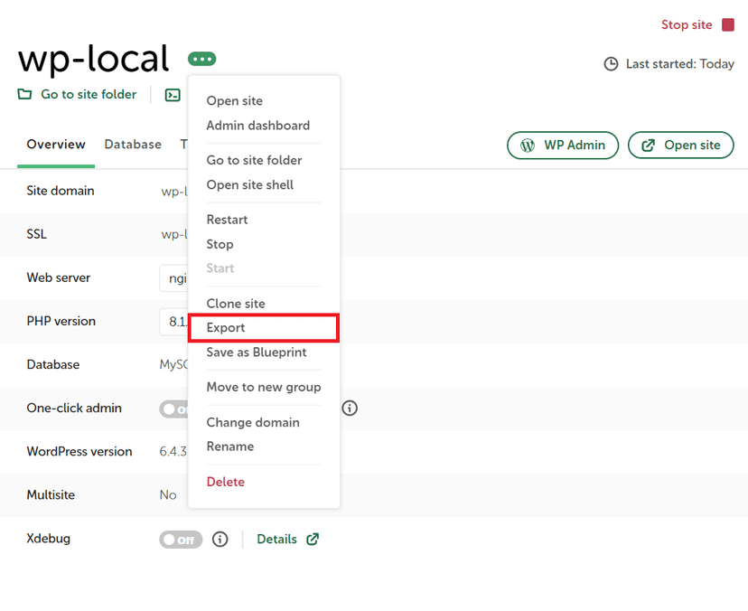 Local export wordpress